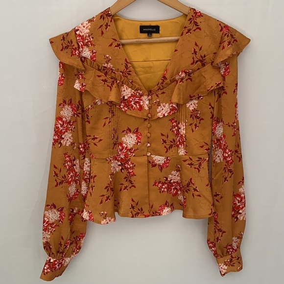 MAJORELLE Broadway V-Neck Ruffle Floral Satin Top Blouse Revolve Size XS - Picture 3 of 14